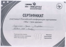 Сертификат участника II Российской конференции программы "Мы-твои друзья"